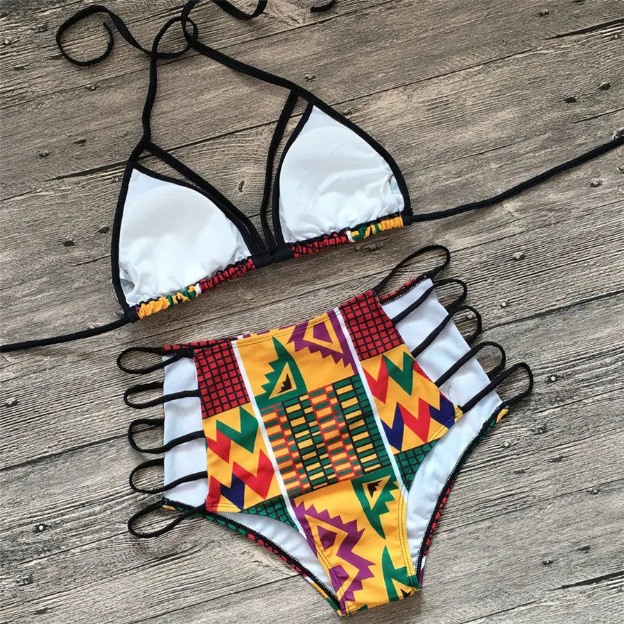 Women's high-waist digital print bikini set with backless design and quick-drying polyester fabric