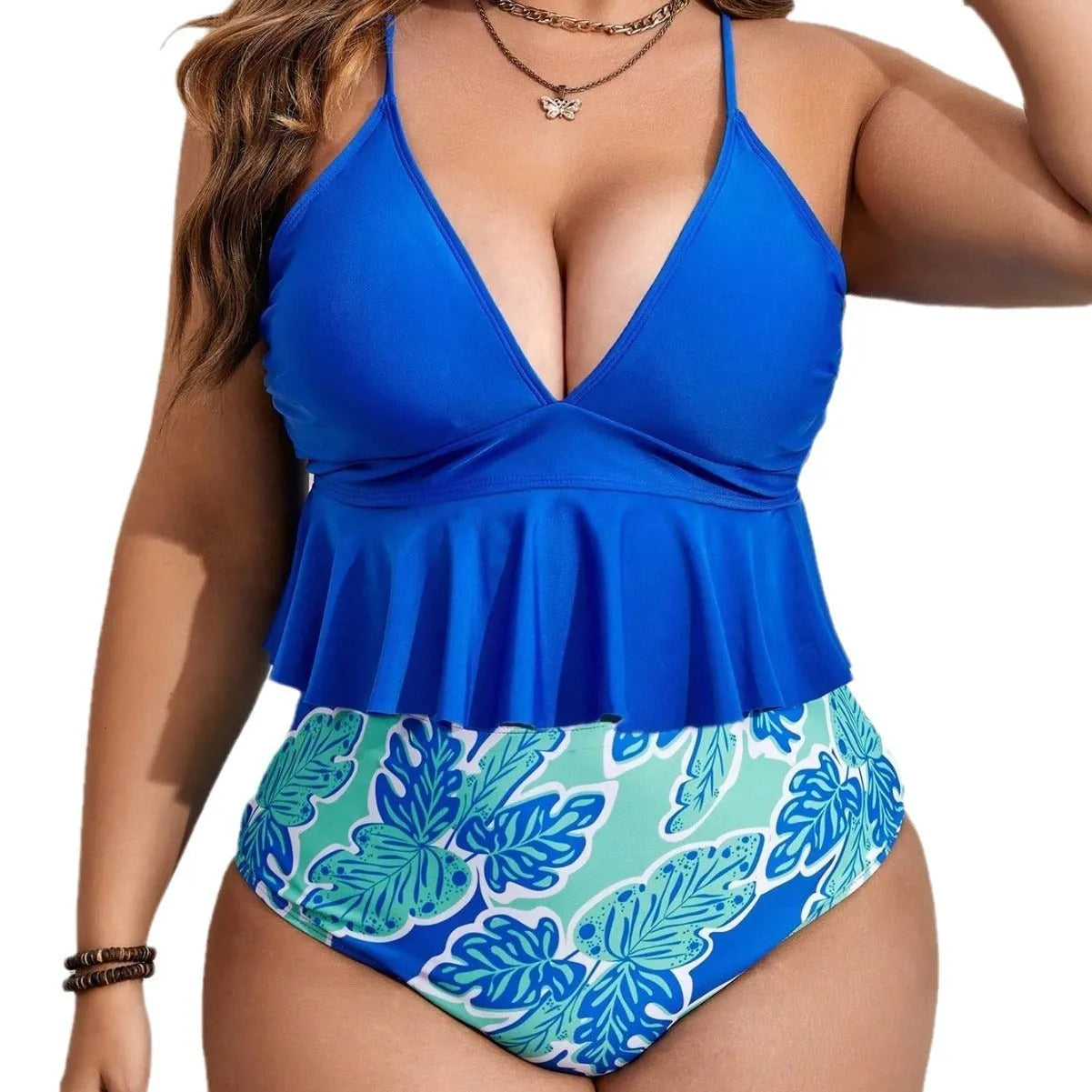 Blue plus size bikini swimwear set with separate top and briefs shorts in European and American sizing
