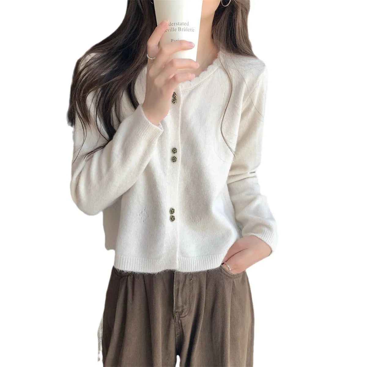 Women's long-sleeved acrylic cardigan coat in milky white, red, pink, light purple, or black.