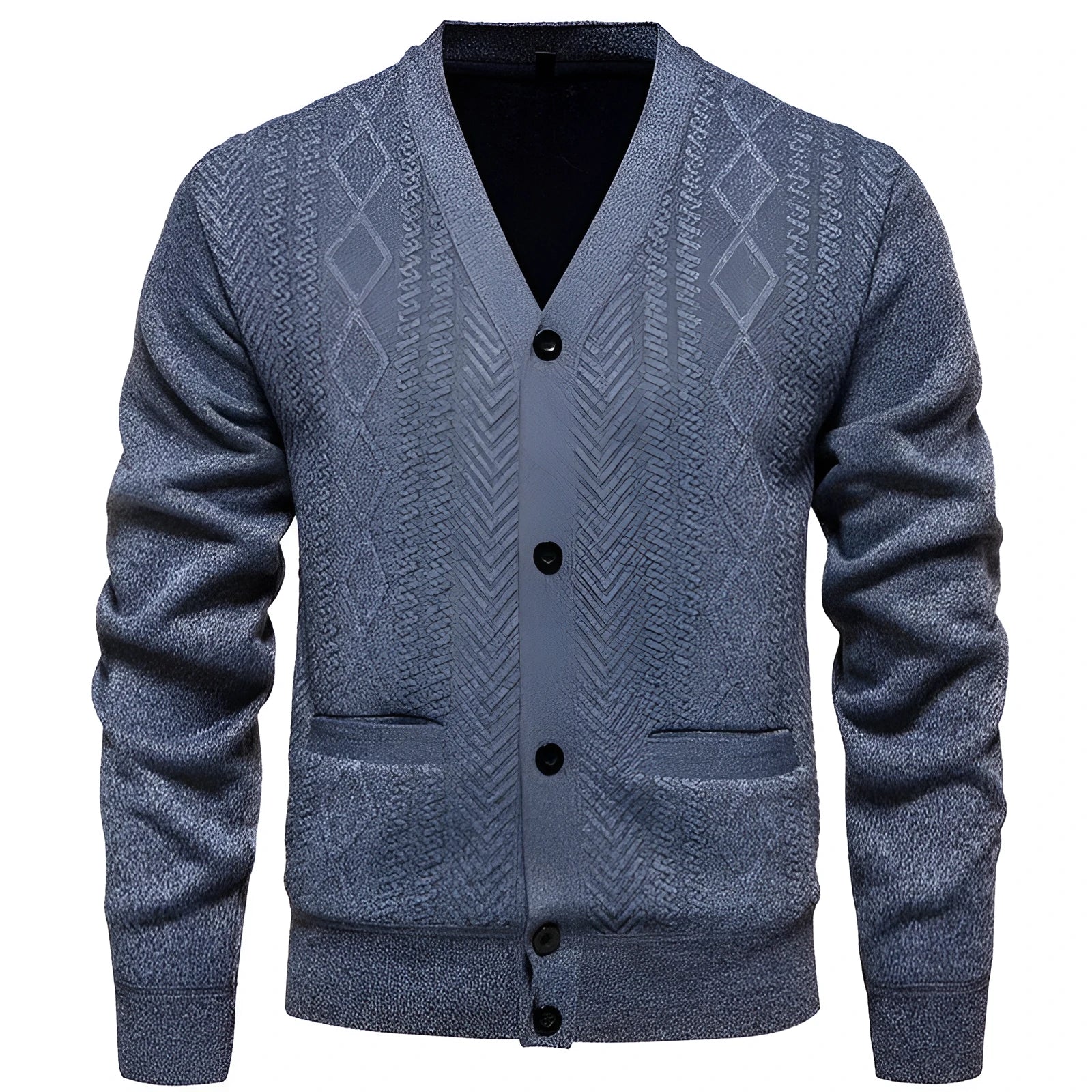Men's striped cardigan sweater with wool lining in brown colour showing long sleeves and button front