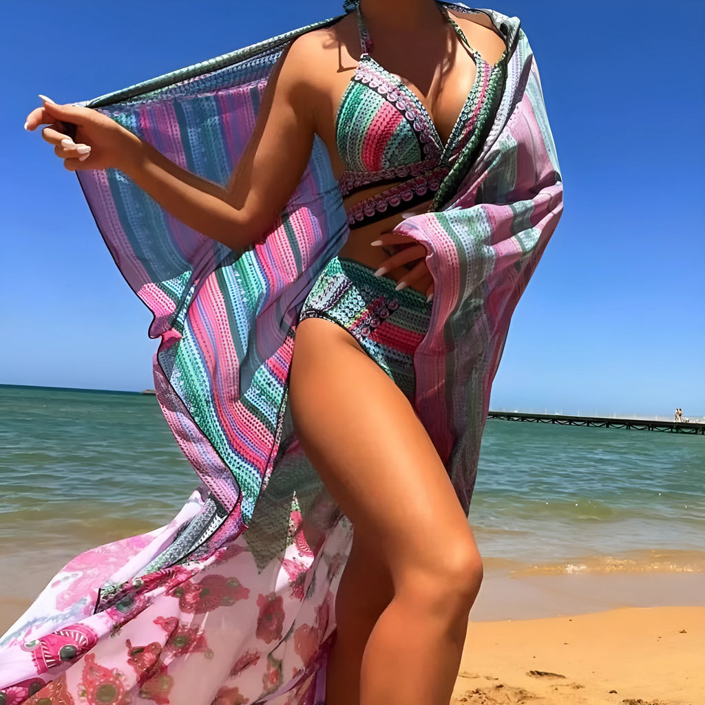 Blue red cross bandage high-waist bikini swimsuit three-piece set for adult women