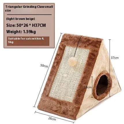 Triangle-shaped cat bed with integrated sisal scratching surfaces on raised platforms