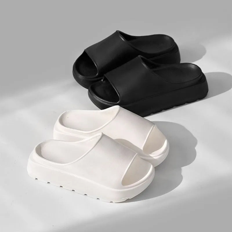 Women's beige fish mouth slippers with a thick 5.5cm sole for beach and bathroom use.
