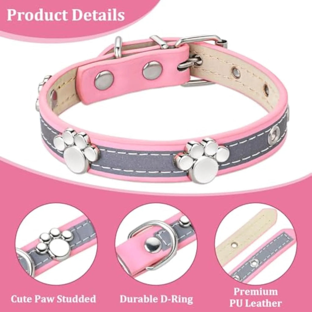Reflective adjustable dog collar in soft brown PU leather with a metal paw-shaped rivet and buckle.