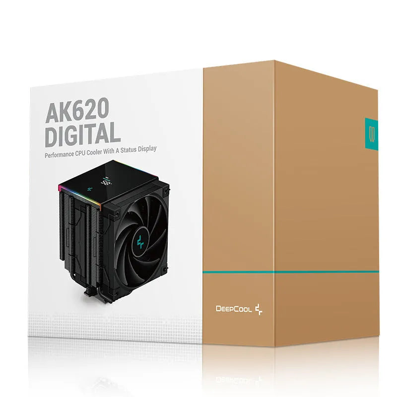 Twin tower black CPU air cooler with fans and a digital temperature display on front.