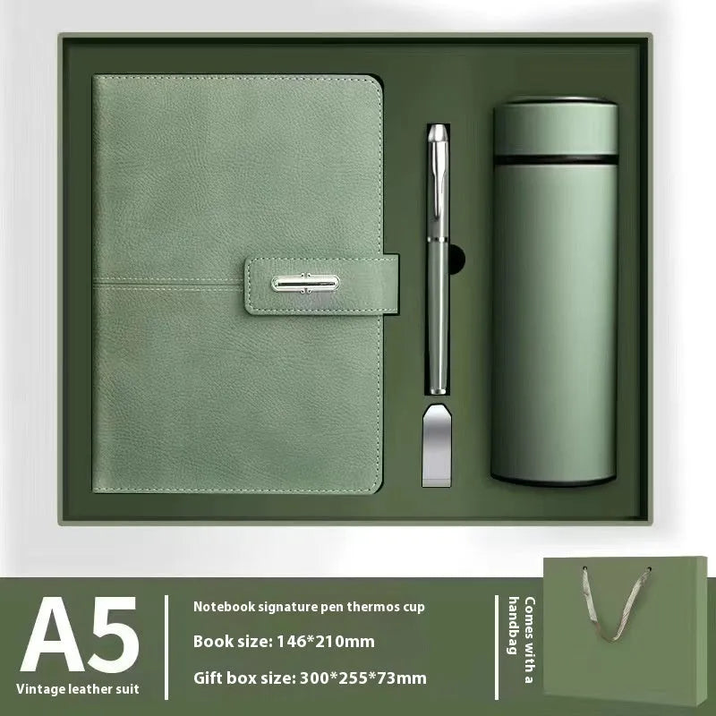 A5 notebook with imitation leather cover in multiple colour options including black, red, green, blue, and orange.