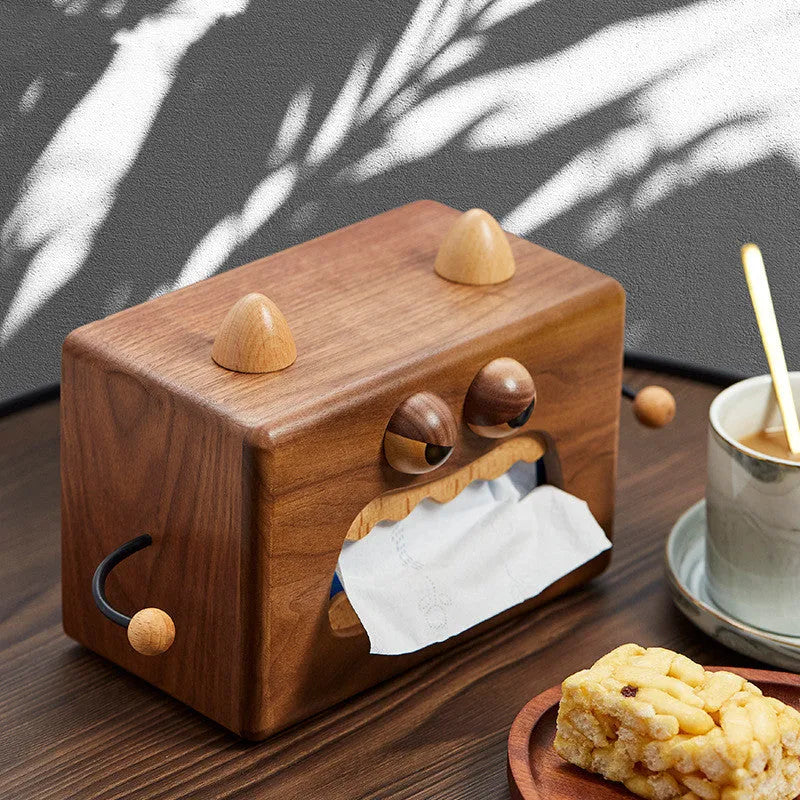 Wooden cartoon Little Monster tissue box in walnut beech colour