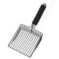 Black metal cat litter scoop with narrow tines for sifting clumping litter.