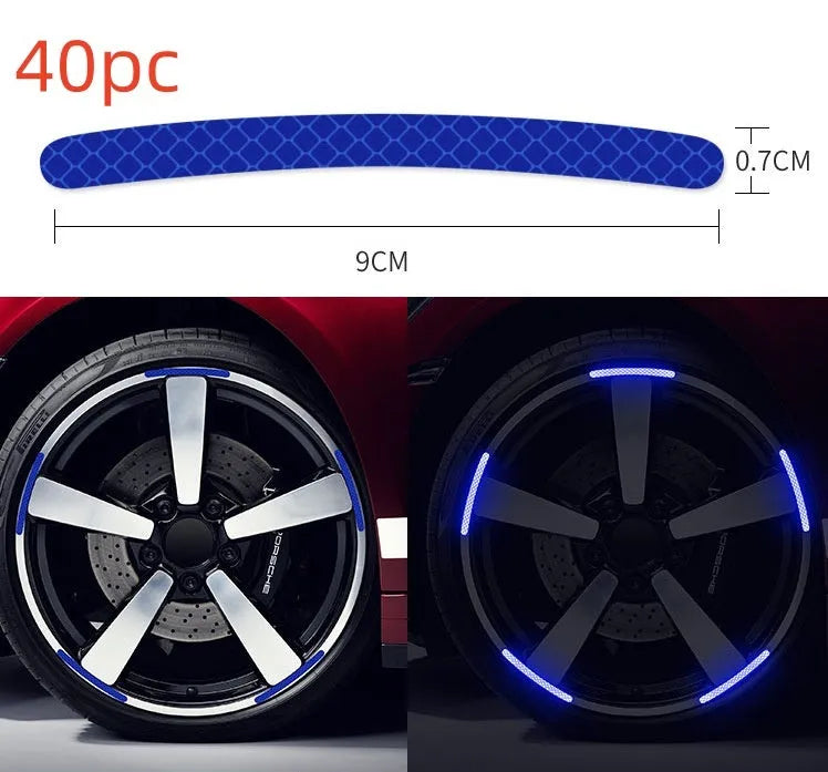 Pack of 20 arc-shaped reflective PVC stickers for car wheel hubs in multiple colours.
