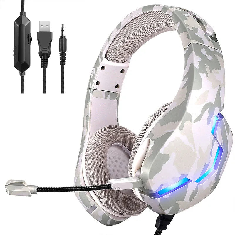 Wired camouflage gaming headset with microphone and braided cable on a desk