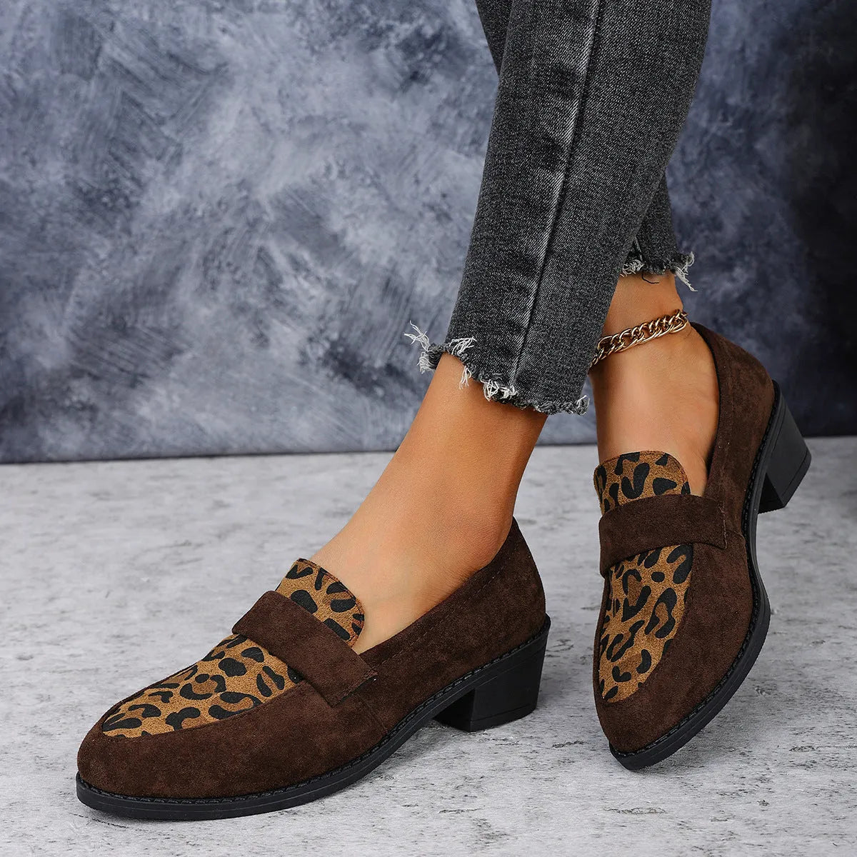 Women's leopard print suede slip-on shoes with chunky mid-heel and pointed toe in brown, pink, and khaki