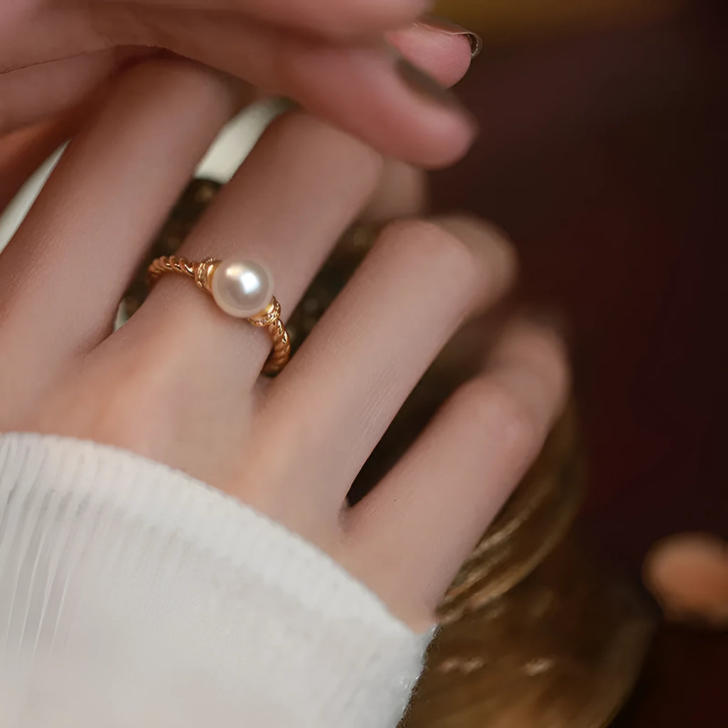 Geometric antique twist pearl ring with adjustable copper band in gold or silver finish