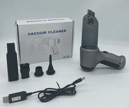 Compact gold or silver wireless car and pet vacuum cleaner with USB charging cable.