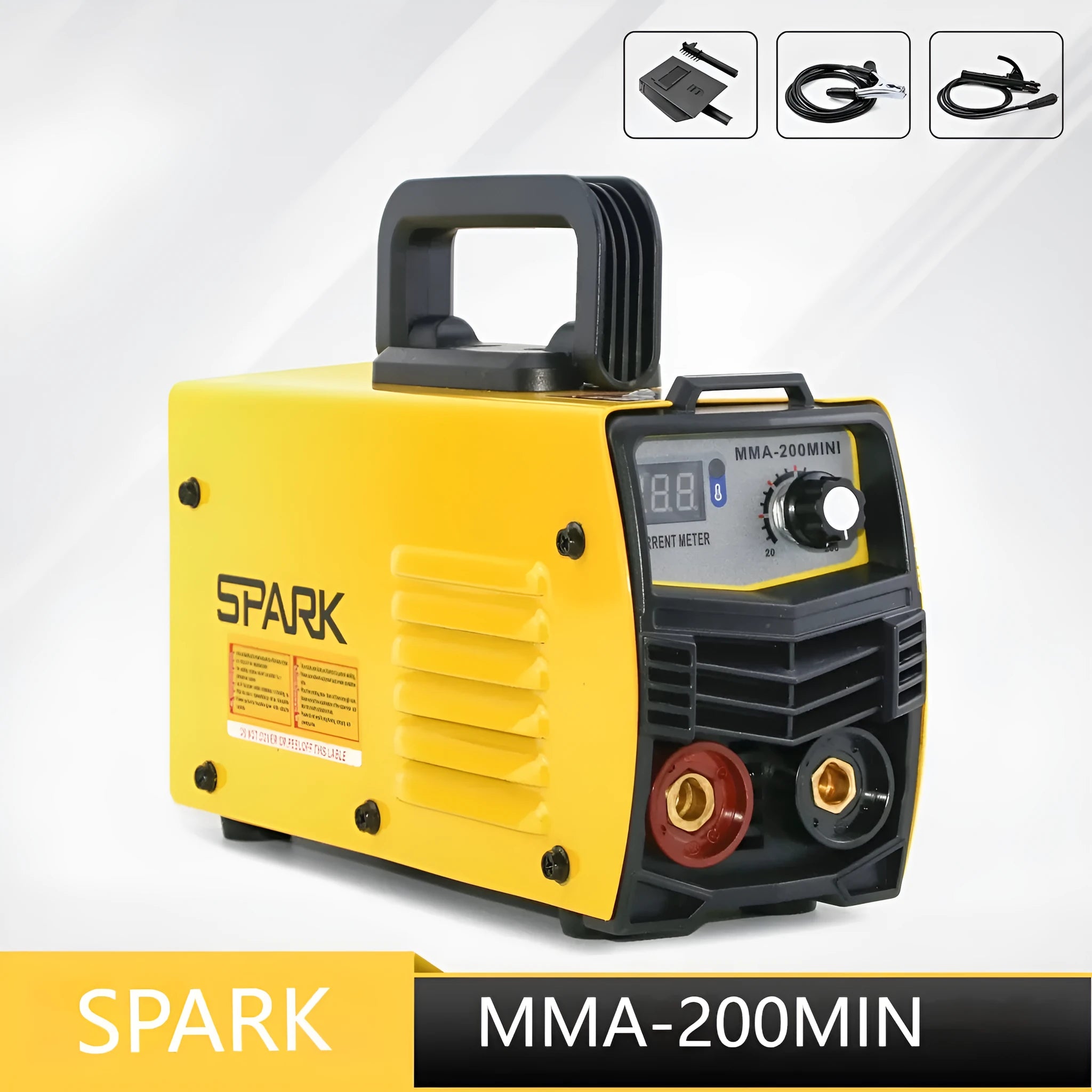 MMA-200MIN DC inverter welding machine with welding tongs, grounding clamp, and face shield