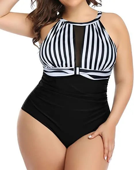 Women's solid colour one-piece swimsuit with lace detail in black, red flower, or stripe patterns.