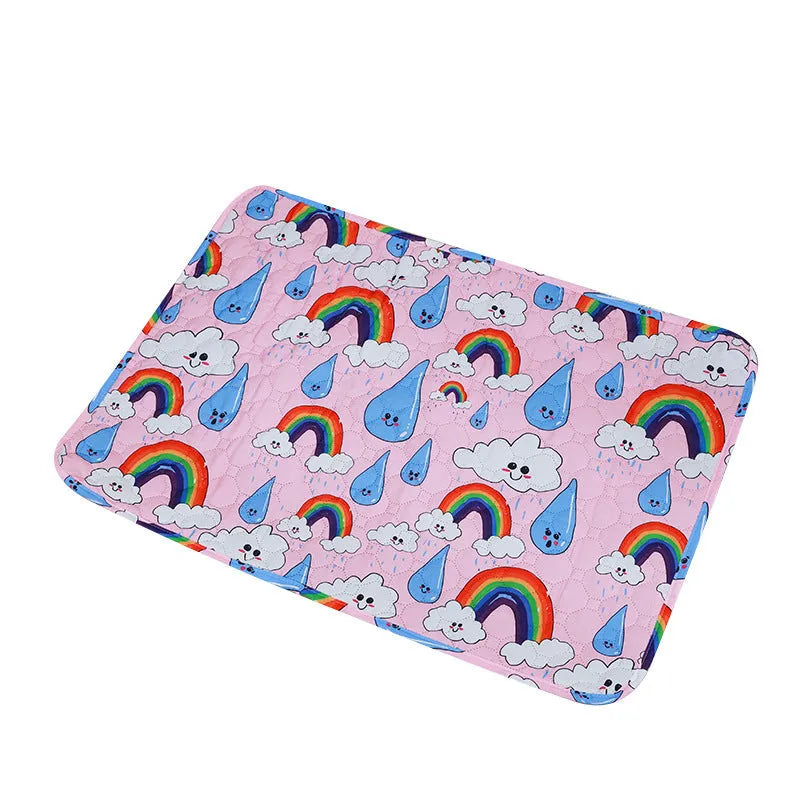 Reusable washable pet urine pad with animal print design and waterproof layer.