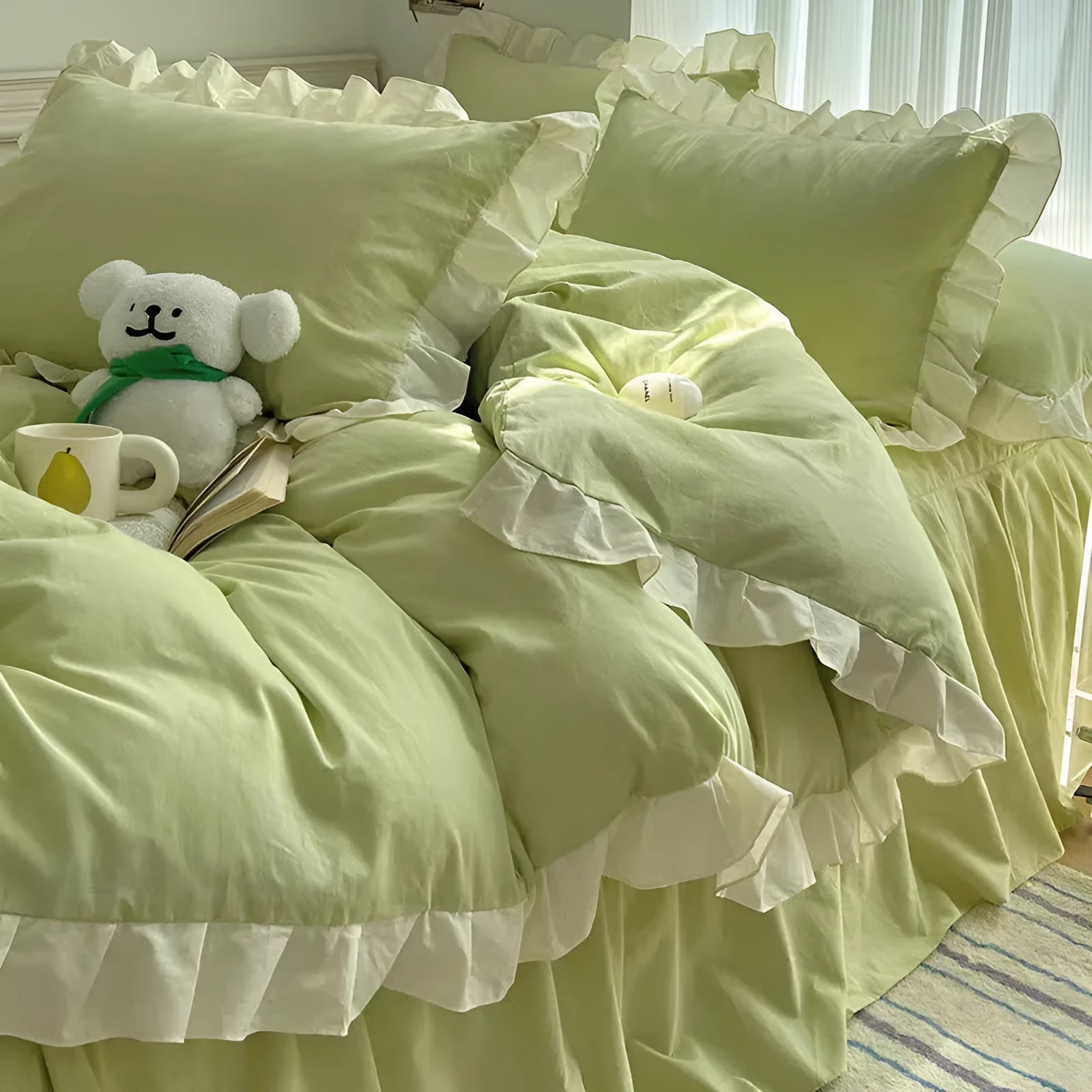 Mori style solid colour linen four-piece bedding set with quilt cover, sheet, and pillowcases.