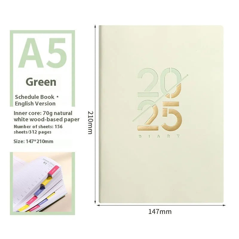 A5 daily planner with soft faux leather cover showing multiple colour options including pink yellow purple blue green