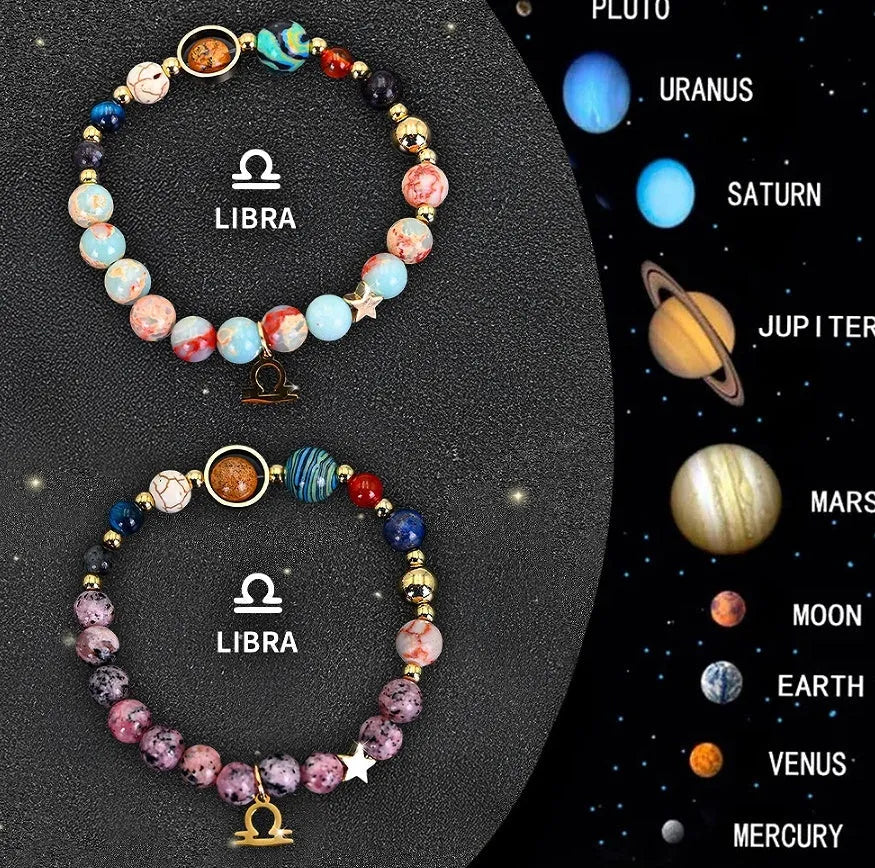 Two natural stone beaded bracelets showing zodiac symbols on an adjustable knotted string.