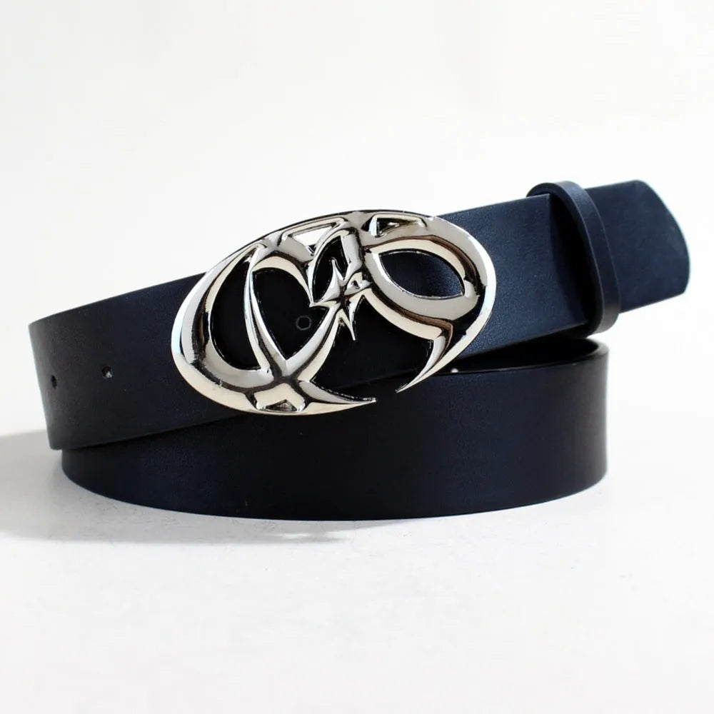Men's casual PU leather belt with silver alloy buckle showing 3.3cm width and snap-button fastening