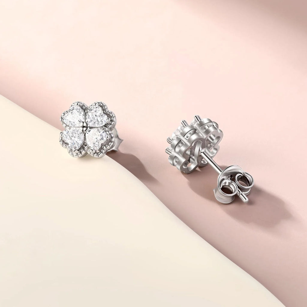 925 silver heart-shaped zircon earrings with four-leaf clover design in white gold colour