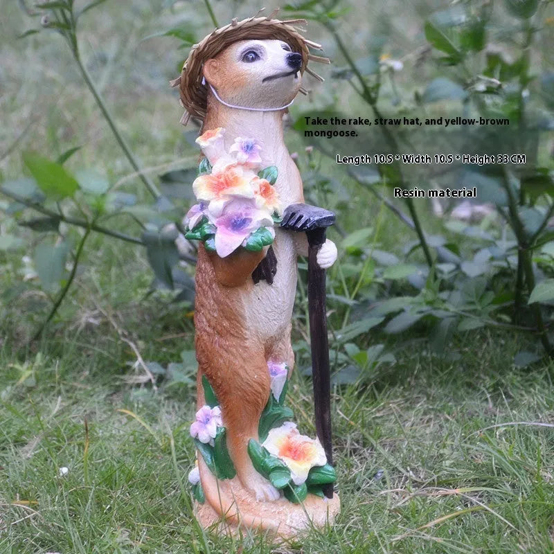 Plastic resin mongoose garden ornament with straw hat in three colour variations