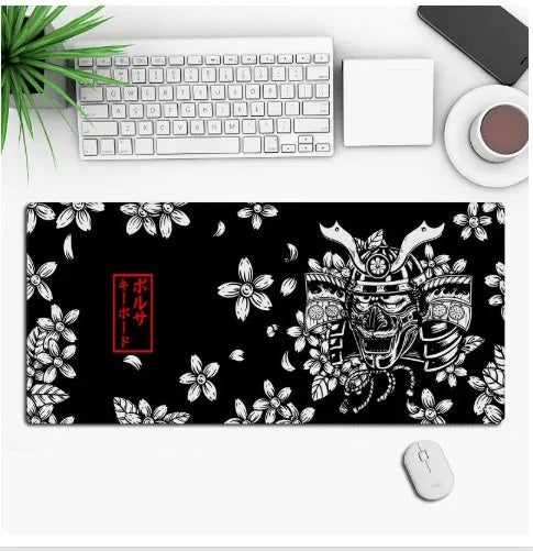 Anime-themed gaming mouse pad on a desk, showing non-slip rubber base and printed cloth surface.