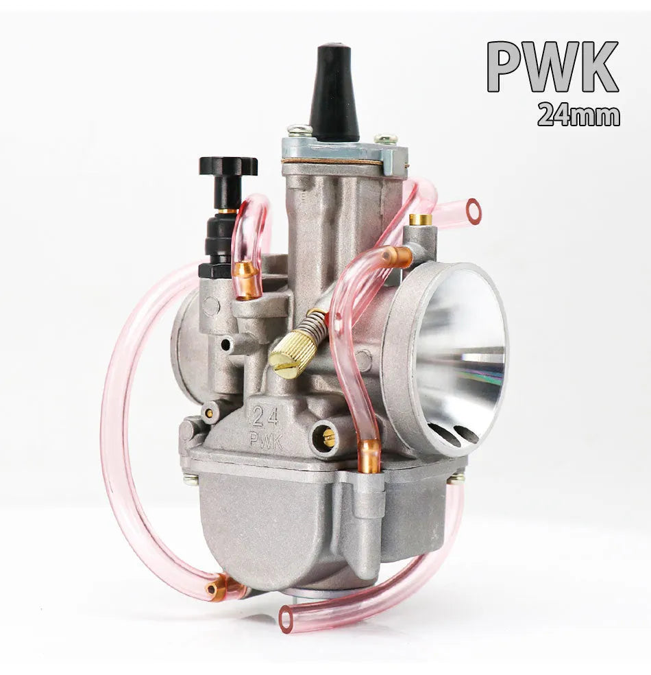 Motorcycle carburettor modification kit with sandblasted finish, showing size options from 21mm to 34mm bore.