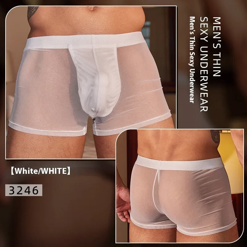 A pair of black ultra-thin men's nylon boxer briefs laid flat, showing their simple design.