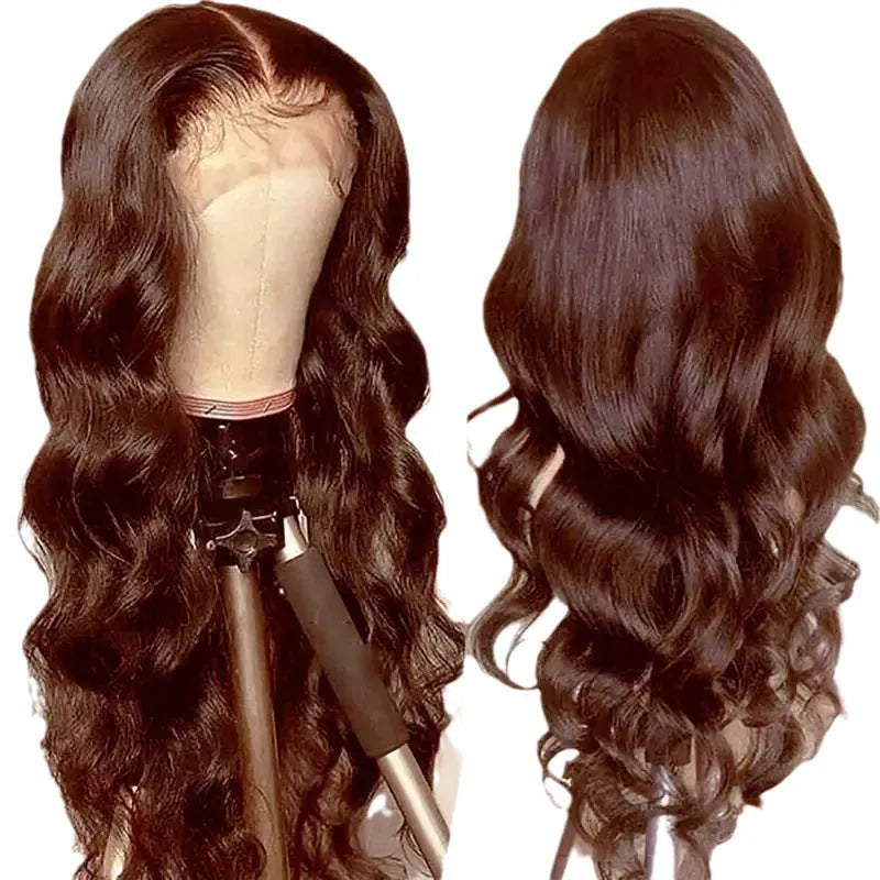 Dark brown long curly front lace wig with side bangs on a mannequin head.