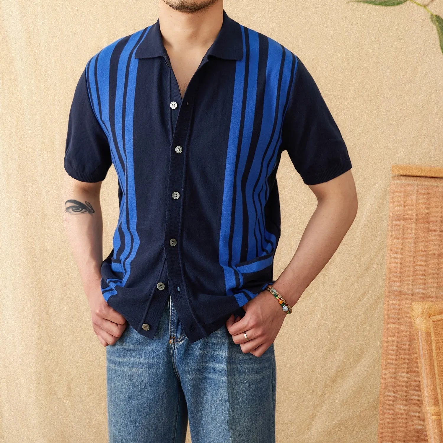Cotton striped short-sleeved cardigan polo shirt with lapel collar in royal blue