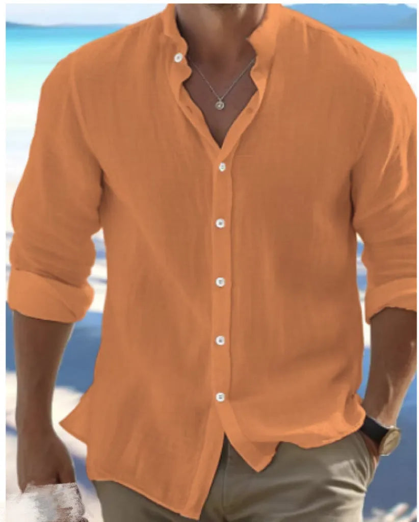 Men's light blue long-staple cotton casual summer shirt with button front and collar on a hanger.
