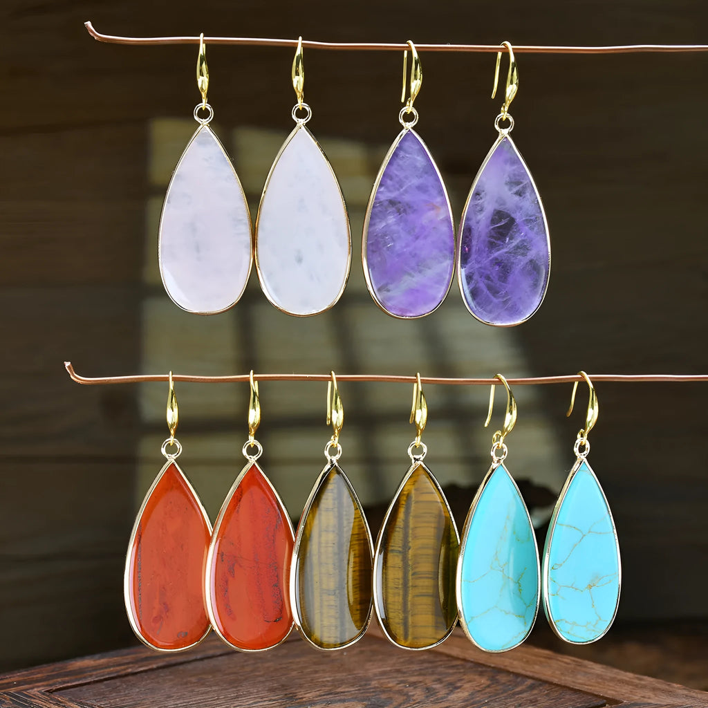 Vintage handmade stone drop earrings with water droplet shape in five colour options including tigereye and amethyst