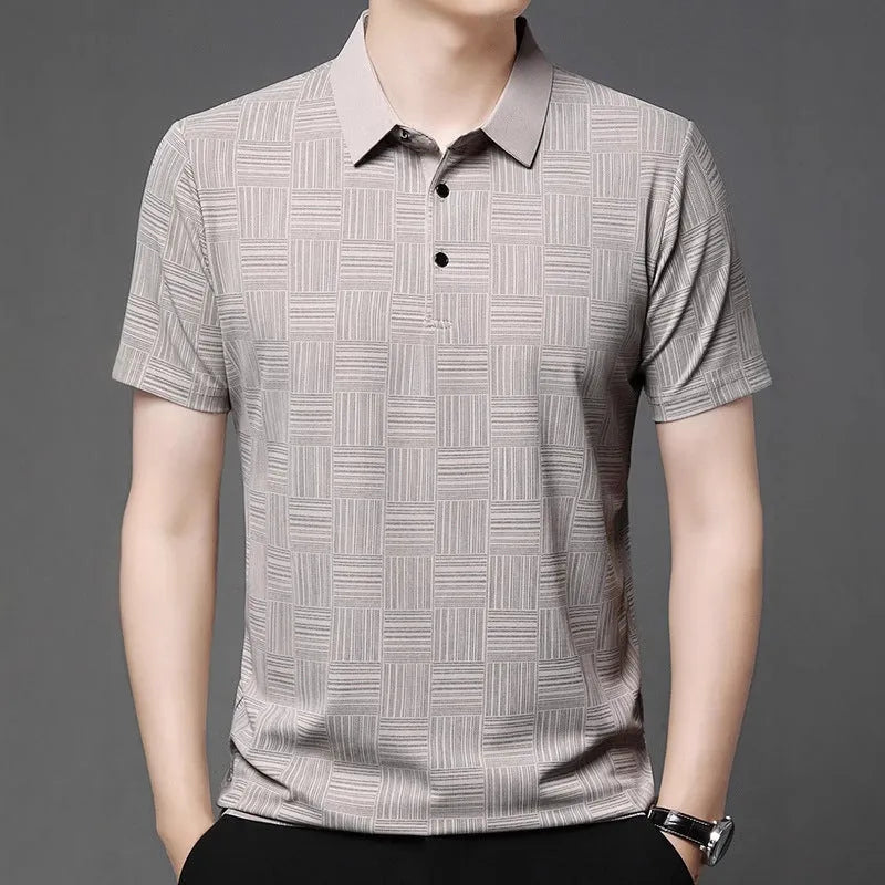 Men's lapel neck slim fit t-shirt in green, showing the casual collar design and lightweight fabric.