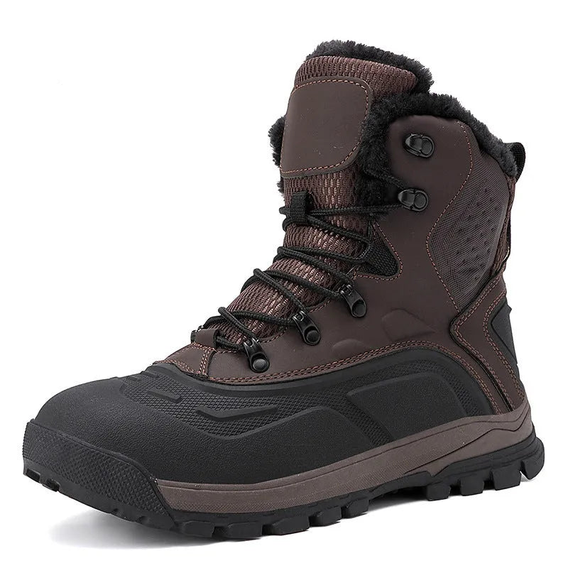 Men's black high-top boots with fleece lining and lace-up front on a ribbed sole.