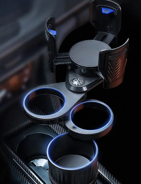Black adjustable car cup holder with retractable base extended, showing carbon fibre pattern.