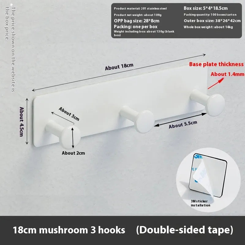 Mushroom-style adhesive wall hook with multiple hooks for screw-free hanging on shower doors