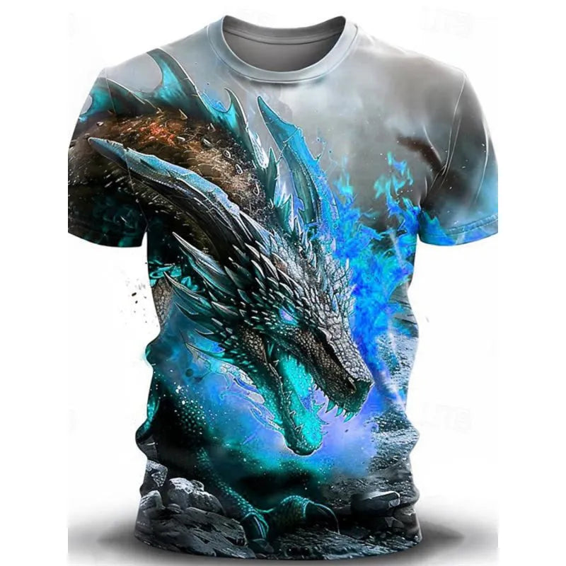 Men's grey casual T-shirt featuring a large 3D wind dragon print across the chest, with short sleeves.