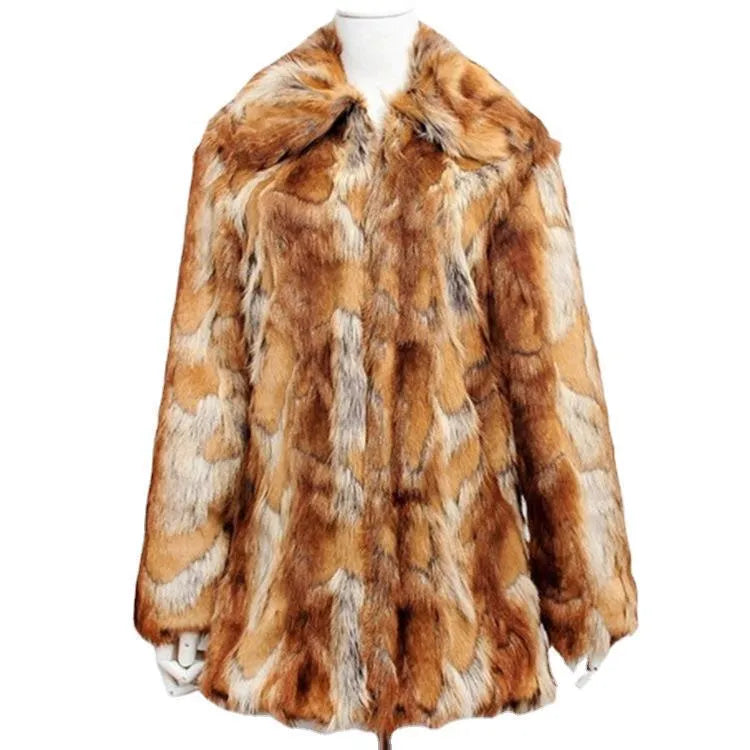 Women's tiger pattern faux fur leather jacket in medium length on a model.