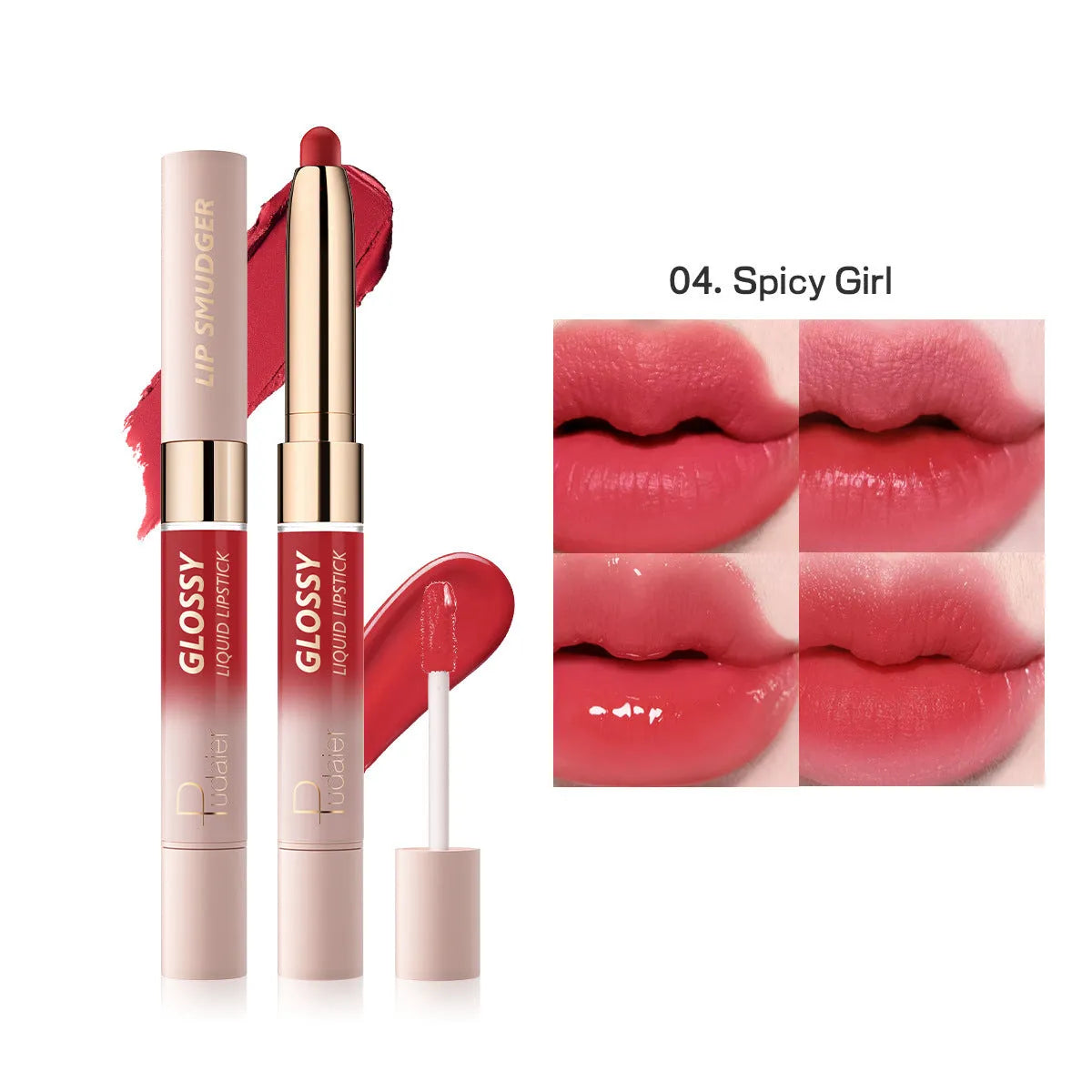 Double-headed lipstick lip gloss with matte finish showing 10 different colour options numbered 01 through 10
