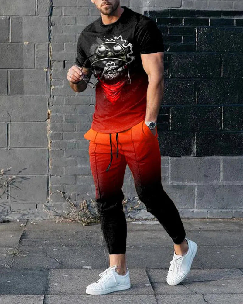 Men's short-sleeved round neck T-shirt and matching trousers set in a solid colour.