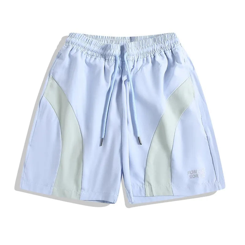 Quick-drying black and grey sports shorts with elastic waistband and straight-leg fit