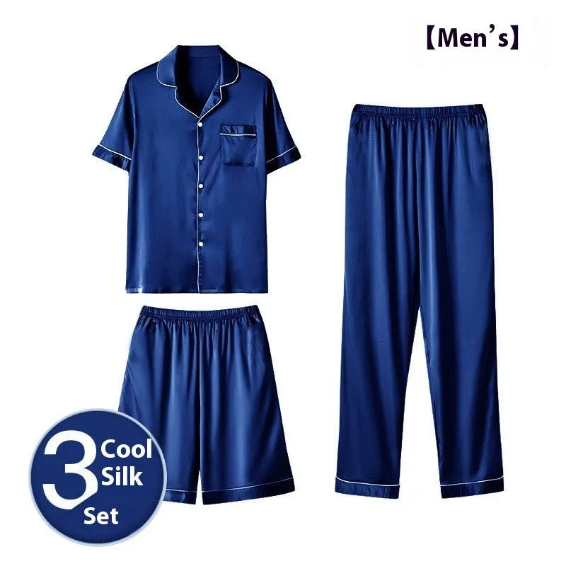 Men's ice silk three-piece homewear set in multiple colours showing top, shorts, and trousers for lounge wear