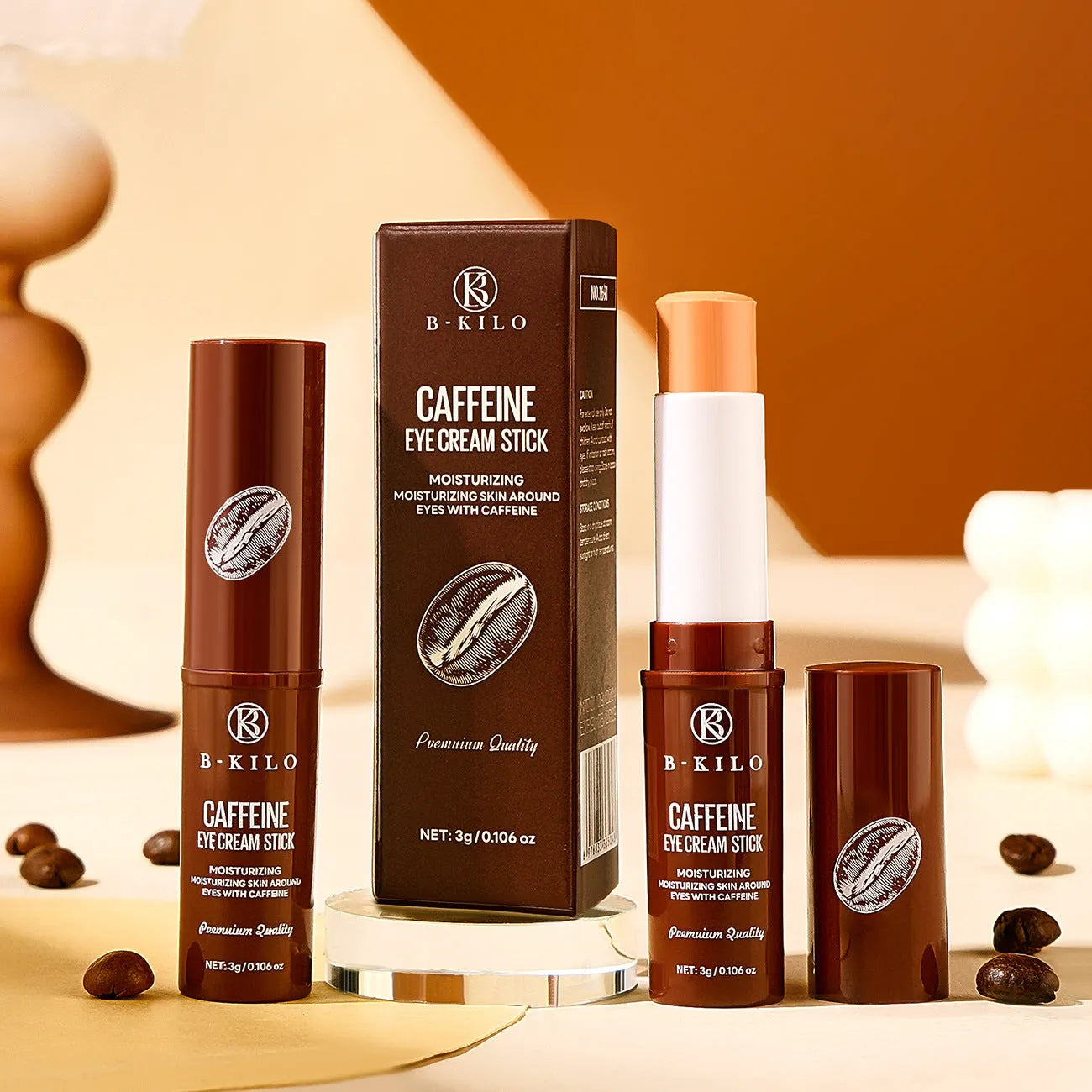 Caffeine eye cream stick in portable applicator for under-eye treatment of fine lines and dark circles