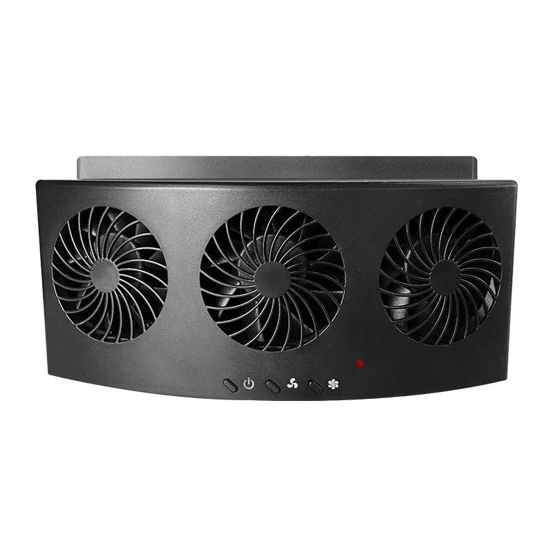 Black and white USB-powered car ventilation fan with 1.5 metre cable on a dashboard.