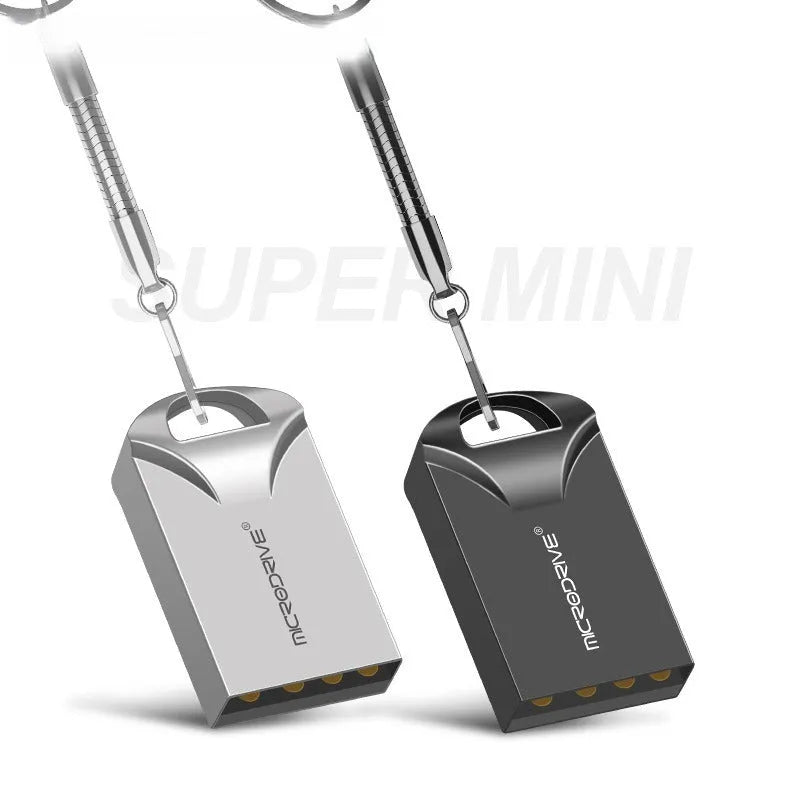 Mini black aluminium USB flash drive showing compact size next to coin for scale
