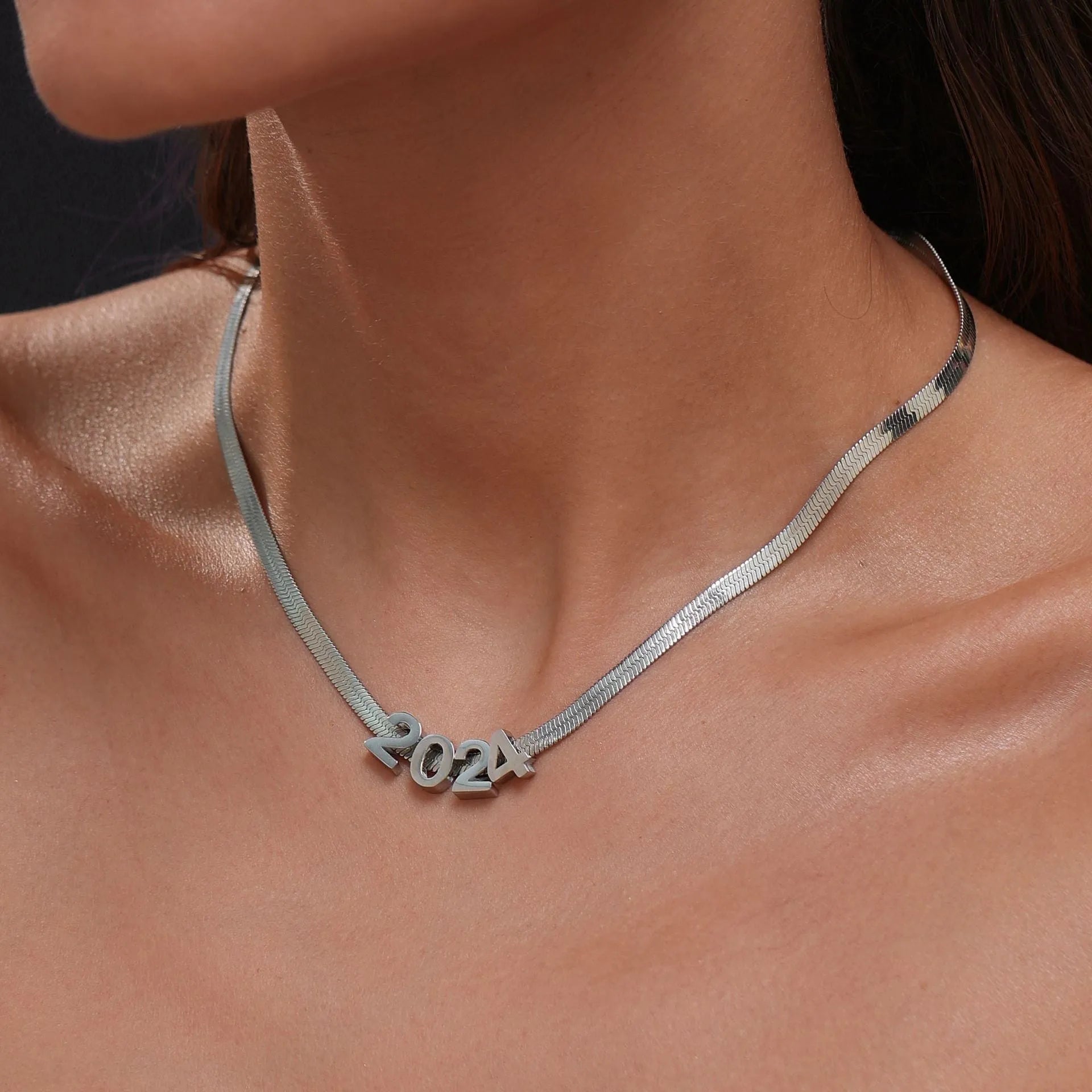 Gold and silver electroplated titanium steel necklace with number and letter pendants on 40.5cm chain