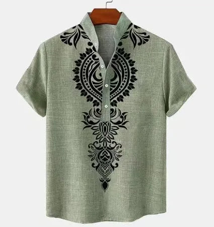 Men's loose-fit striped casual shirt with personalised buttons on a hanger