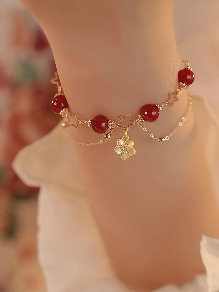 Red agate double layer bracelet with floral patterns for women