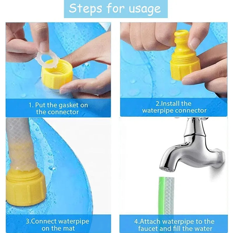 Dog playing on anti-slip inflatable splash pad with integrated sprinkler system outdoors